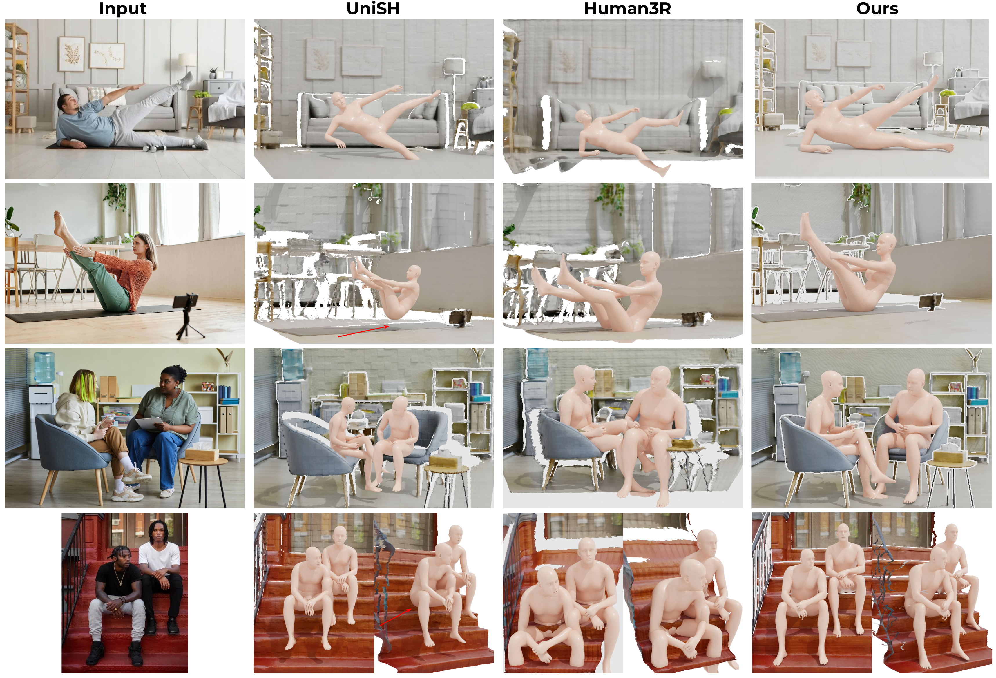 Qualitative comparison with Human3R and UniSH